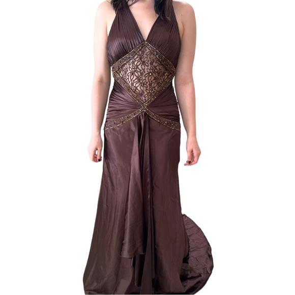 ALYCE DESIGNS Chocolate Brown Satin Formal Gown With Train and Cutout Midriff - Picture 7 of 16